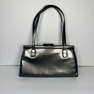 Vintage Salvatore Ferragamo patent leather metallic grey chic shoulder bag.